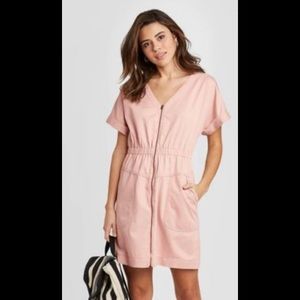 Short Sleeve V-Neck Zip-Up Elastic Waist Dress